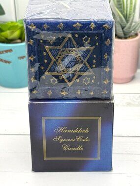 Hanukkah Square Cube Candle With Star Of David & Menorah Design